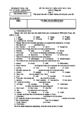 Đề thi học kỳ I môn Tiếng Anh Lớp 9 - Năm học 2015-2016 - Trường PT DTNT Buôn Đôn